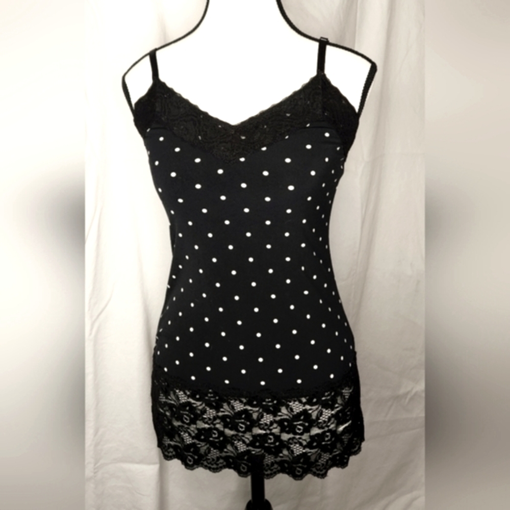 🖤WHITE HOUSE BLACK MARKET🤍Black With White Polka & Blck Lace  Chemise | XS EUC